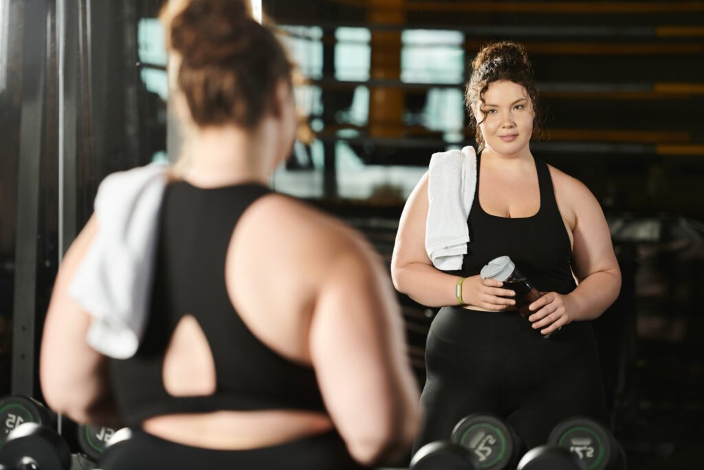 Een vrouw staat blij voor de spiegel in Yellow Gym omdat ze resultaat heeft behaald voor het afvallen bij de buik