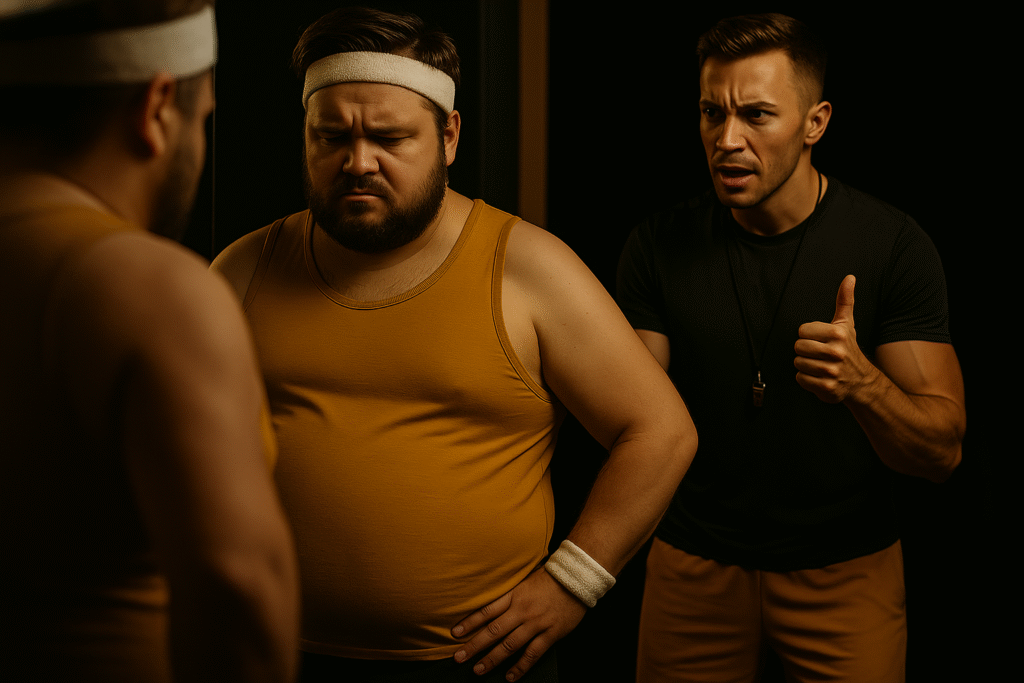 Een Yellow Gym trainer spoort man met overgewicht aan om mee naar een Yellow Gym sportschool te komen